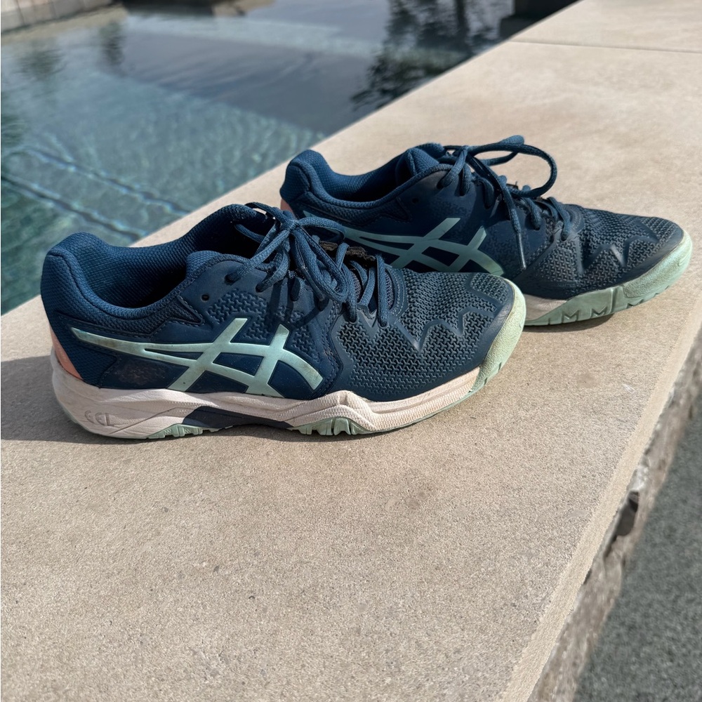 Asics Gel Resolution 8 Kids Blue Sneakers with Mint and Peach Accents - Picture 8 of 10